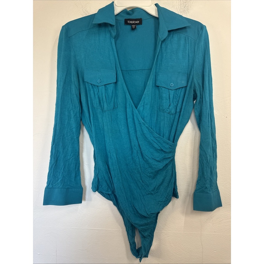 Bebe Women's XS Teal Long Sleeve Double Pocket Wrap Bodysuit Y2K 90s